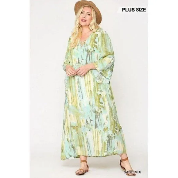 Sage Green Mix Print Tie Dye Multi Color Printed Maxi Dress With Lace Up - Picture 3 of 6